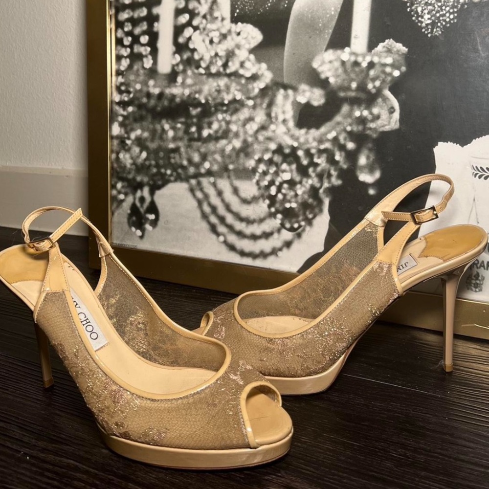 Jimmy Choo Beige Gold Lace Slingback Heels